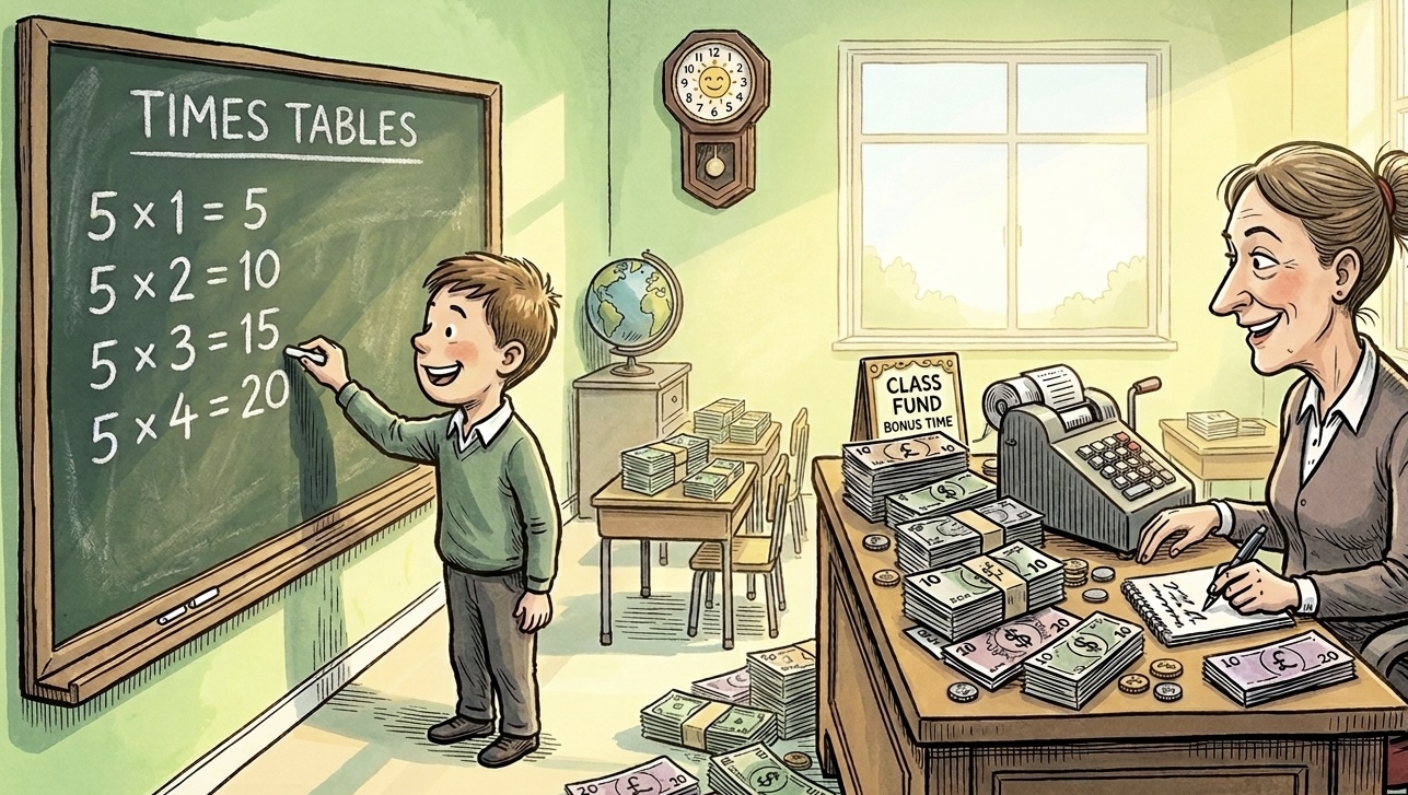 Třída s žákem u tabule, učitelkou a spoustou peněz.