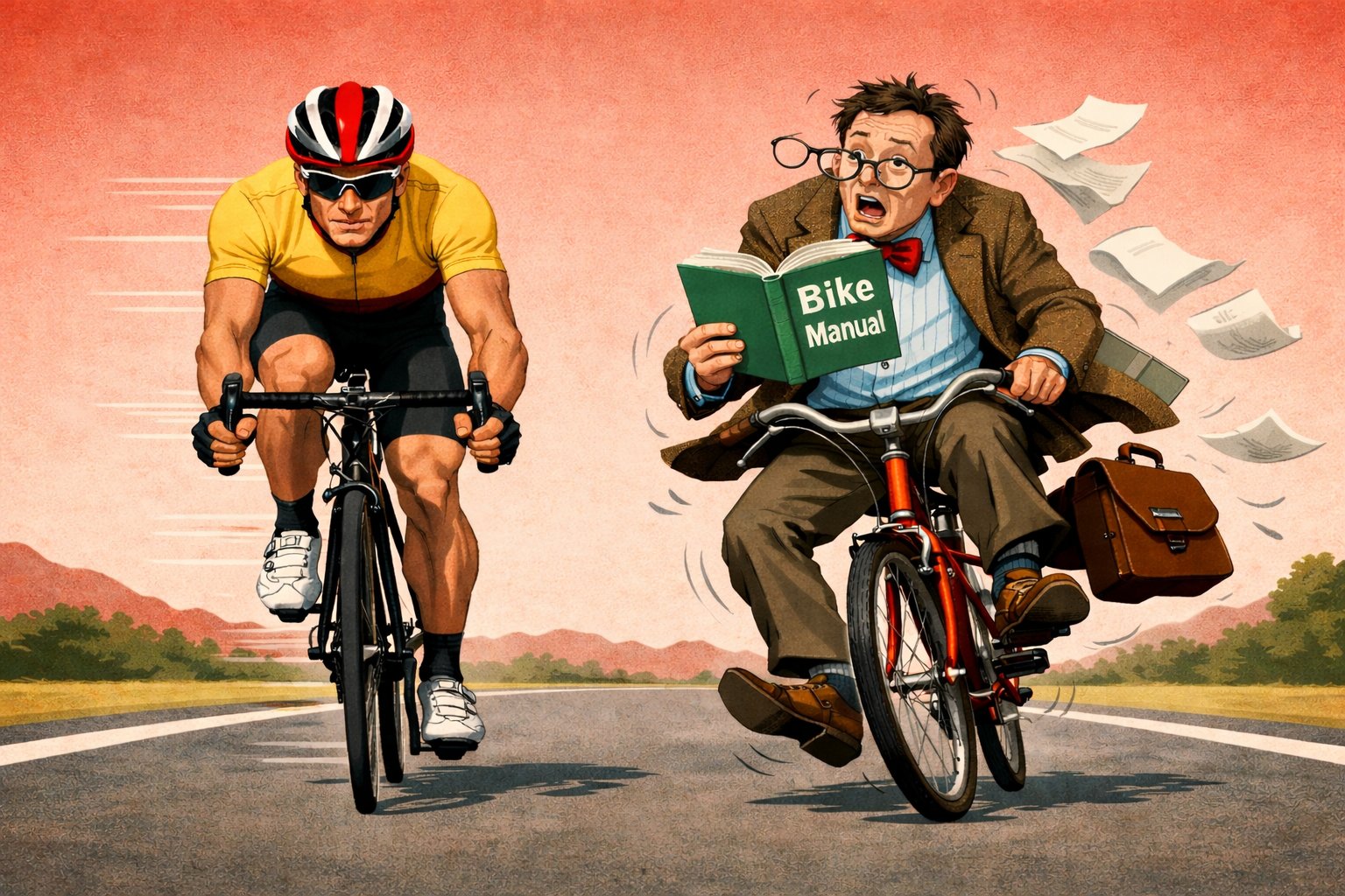 A professional cyclist racing confidently next to someone wobbling on a bike while reading a Bike Manual